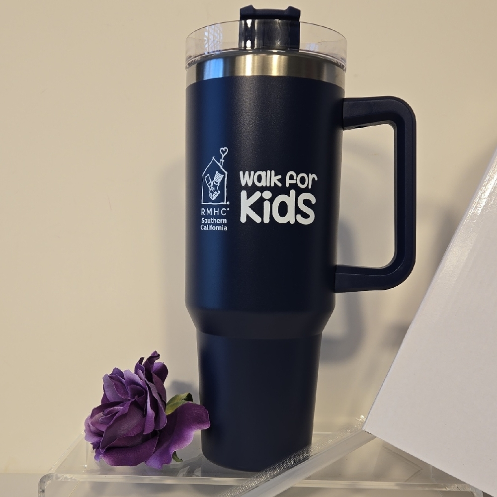 40oz Blue Stainless Steel Travel Mug • Handle + Straw • NWT RMHC Walk for Kids